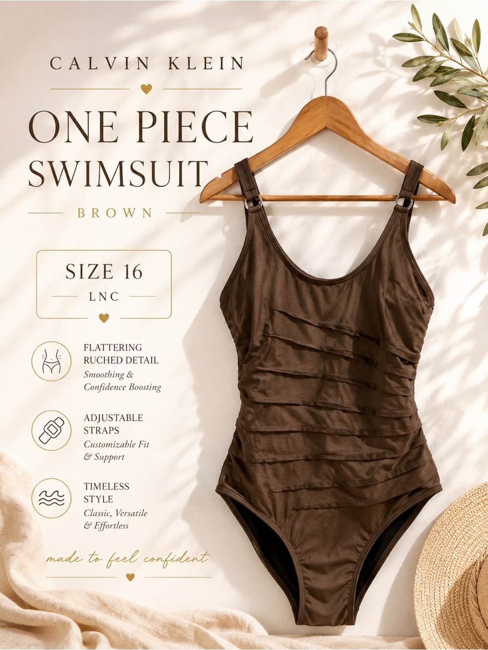 Calvin Klein Brown Ruched One Piece Swimsuit Size 16